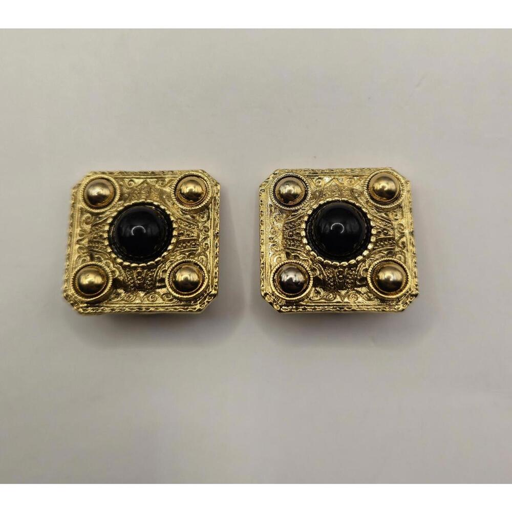 1928‎ Gold tone Etruscan Square Black Center Cabochon Clip On Earrings